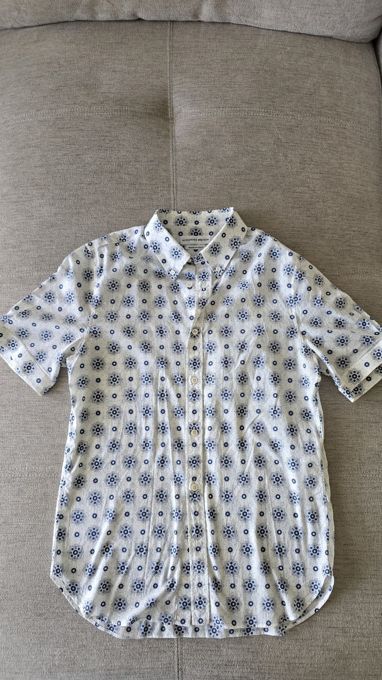 Alexander McQueen White Short-Sleeve Button-Down Shirt with Blue Floral Pattern